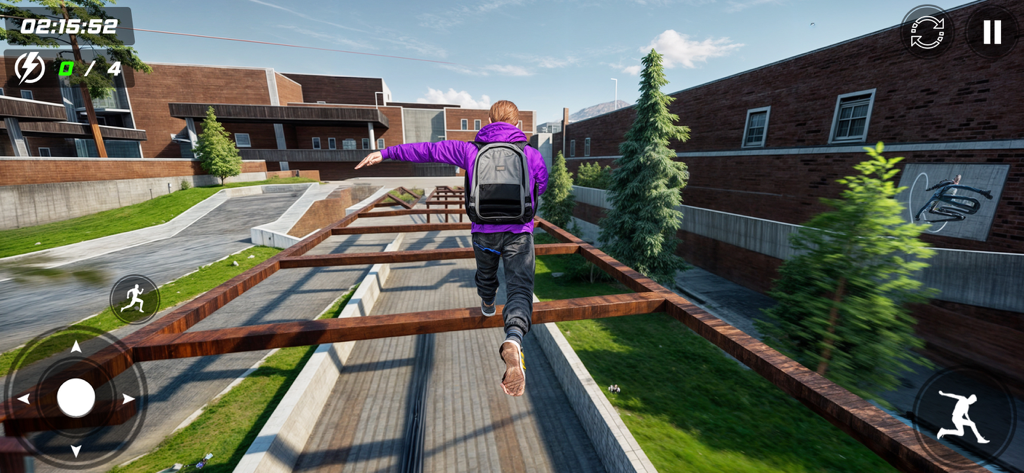 Going Up Rooftop Parkour Games - Third person view of a character in a purple hoodie climbing rooftop beams in a parkour game