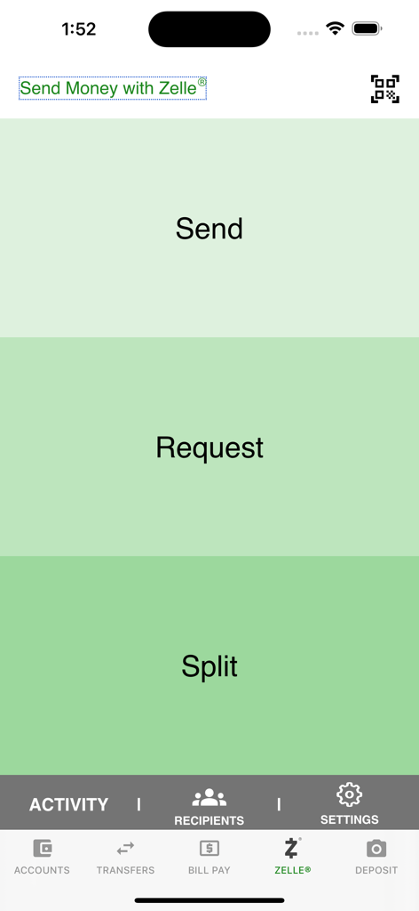 Pantalla de transferencia de dinero Zelle en la aplicación móvil Cadence Bank que muestra opciones para enviar, solicitar y dividir pagos.