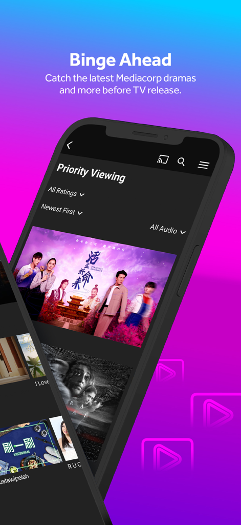 Aplicación mewatch mostrando visualización prioritaria para acceso anticipado a dramas de Mediacorp