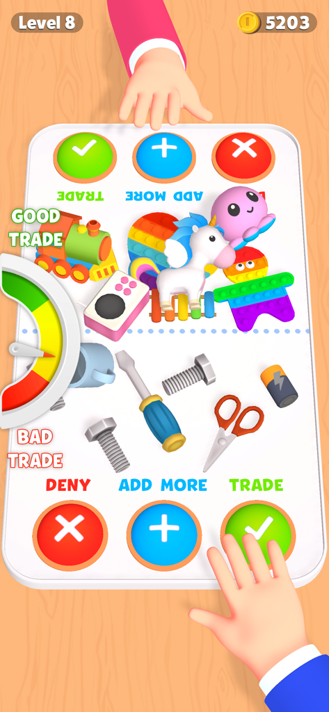 Trading Master 3D - Fidget Pop - A trade negotiation in Trading Master 3D showing various fidget toys and tools on a board with a trade value meter
