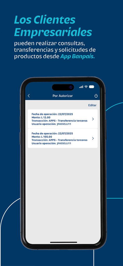 Banpaís - Écran de l'application mobile Banpaís montrant les transactions commerciales en attente d'autorisation.