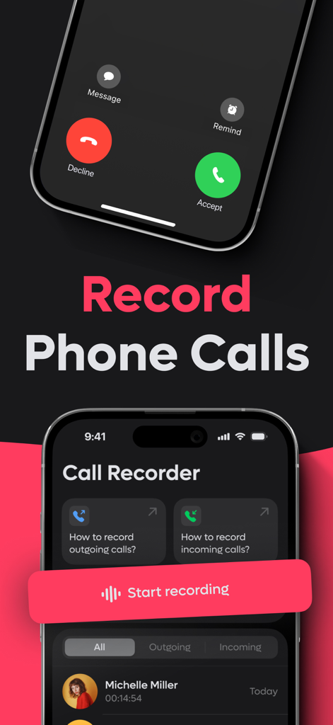 Interface of the Call Recorder app on an iPhone displaying a start recording button and call history