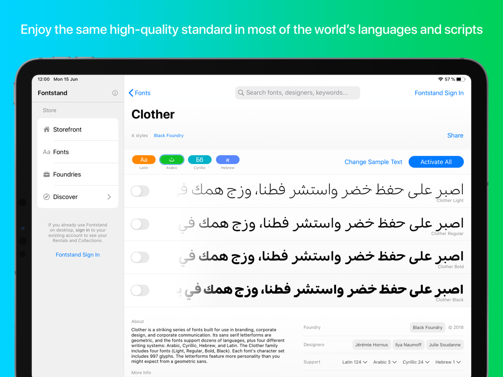 Interfaz de la aplicación Fontstand para iPad que muestra múltiples pesos de la fuente Clother en escritura árabe.