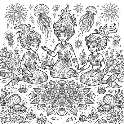 Immerse yourself in a unique underwater Diwali celebration with this enchanting coloring page. Join three graceful sea elves as they illuminate the ocean depths with festive lights and intricate shell patterns.