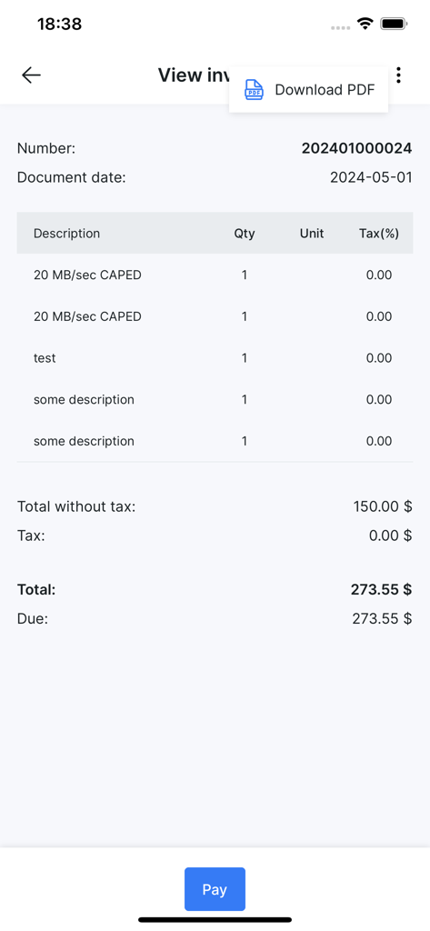MyISP Portal - Mobile app interface of MyISP Portal showing an invoice with service descriptions, totals, and options to download PDF or pay.