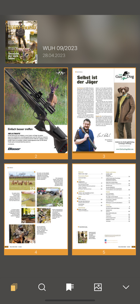 Interface of Jagdpresse app showing digital pages from a hunting magazine including gear reviews and editorial content