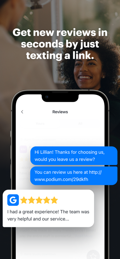 Podium - Small Business Tools - Smartphone screen showing a review request sent via text message in the Podium app.