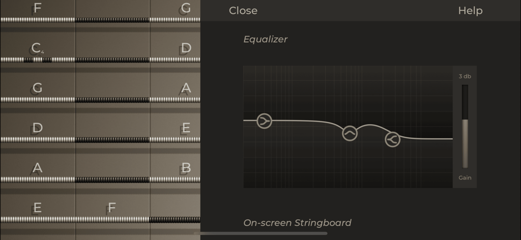 iFretless Brass - Equalizer settings menu and stringboard interface of iFretless Brass app