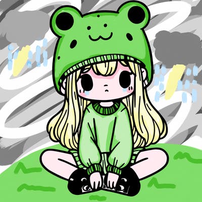 a girl wearing a frog hat and some frog socks