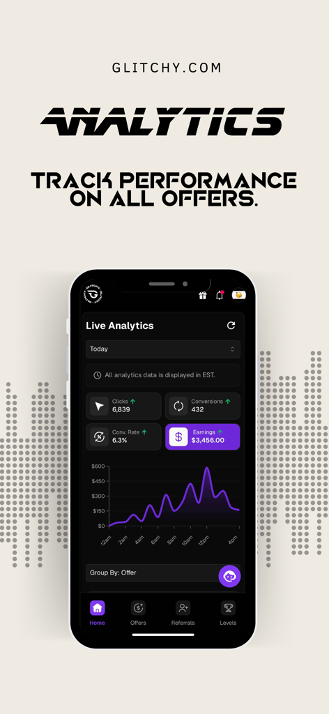 Glitchy Digital Marketing - Glitchy Digital Marketing app live analytics dashboard showing earnings and performance metrics