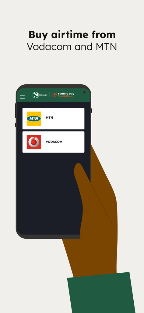 Nedbank Scan to Pay mobile app interface showing options to buy airtime from Vodacom and MTN