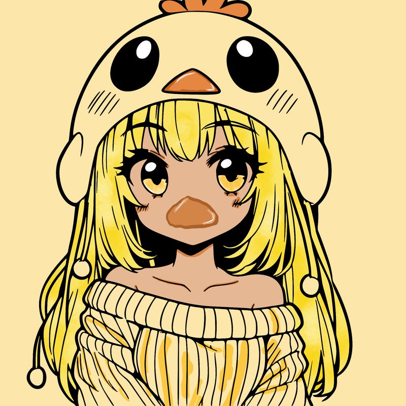 anime girl with chick shaped hat with sweater with bare shoulders with bangs covering them one eye with low tail