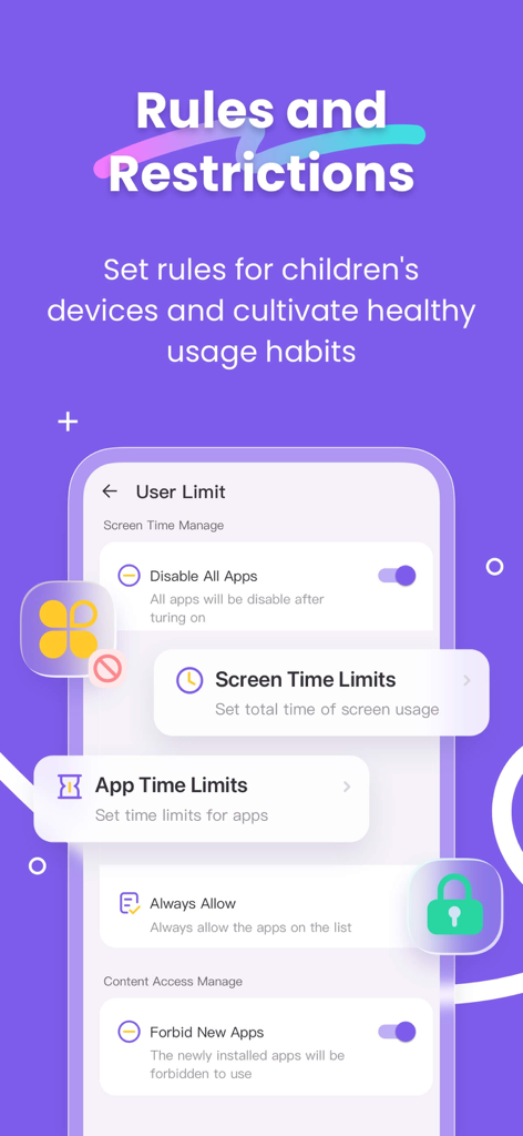 Parental control interface showing app and screen time limits settings in the FlashGet Kids app.