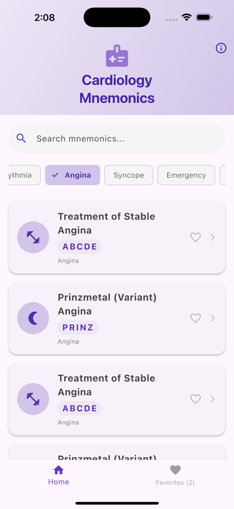 Cardiology Mnemonics - Cardiology Mnemonics app interface showing a list of medical mnemonics for angina treatment and variants.