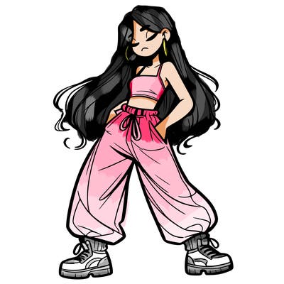 girl in baggy pants crop top and long hair