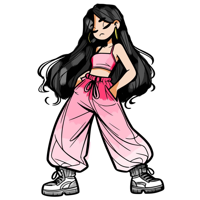 girl in baggy pants crop top and long hair