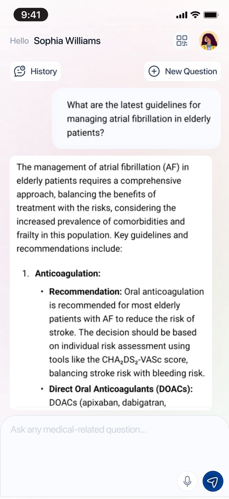 Physicians' Copilot - Mobile app interface of Physicians Copilot showing a clinical question about atrial fibrillation guidelines and an AI-generated medical summary with recommendations.