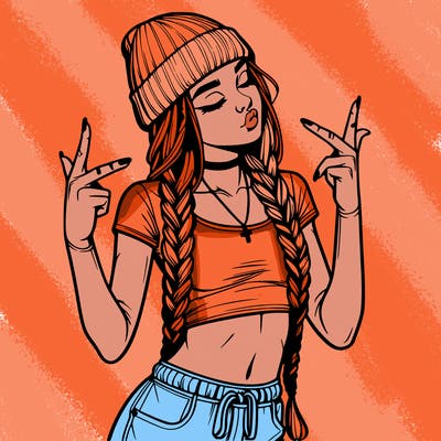 realistic teenage girl with braids and a beanie and crop top doing 🫶🏼