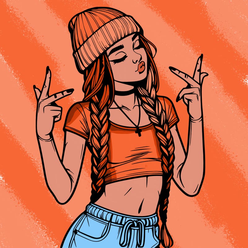 realistic teenage girl with braids and a beanie and crop top doing 🫶🏼