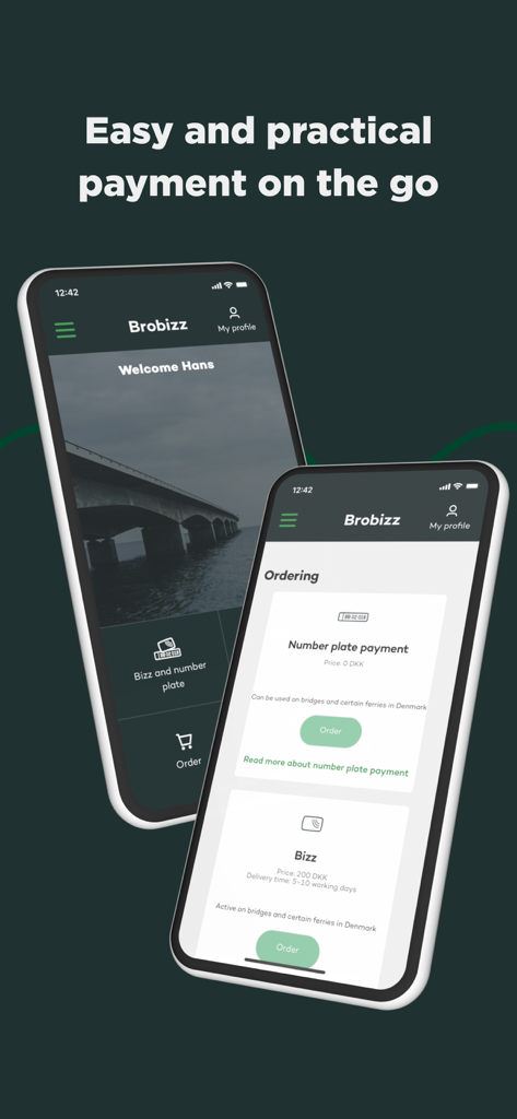 Zwei iPhones, die die Benutzeroberfläche der Brobizz-App für Brücken- und Fährzahlungen zeigen.