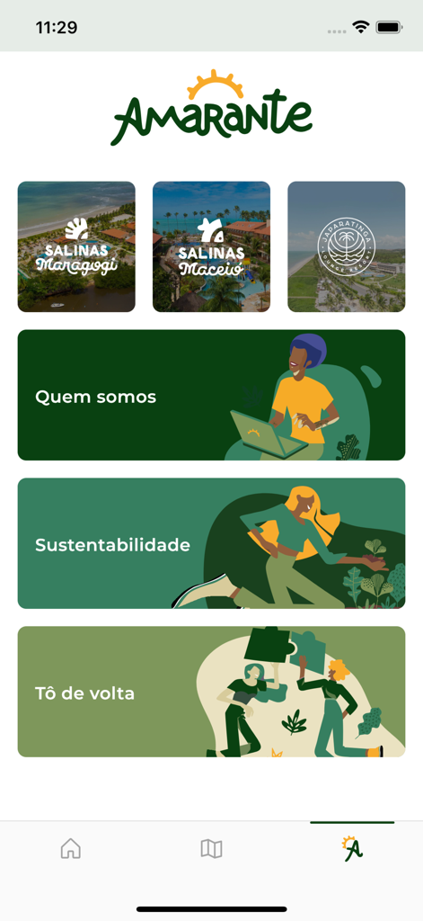 Amarante Hóteis - Main interface of the Amarante Hoteis app showing Brazilian resort selections and loyalty program sections