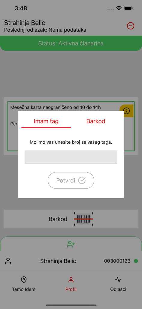 Spotted RS app membership tag entry popup for facility check in