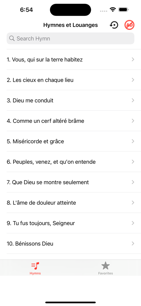 SDA Hymnal - Complete - Schermata dell'app SDA Inno che mostra un elenco di inni numerati e una barra di ricerca