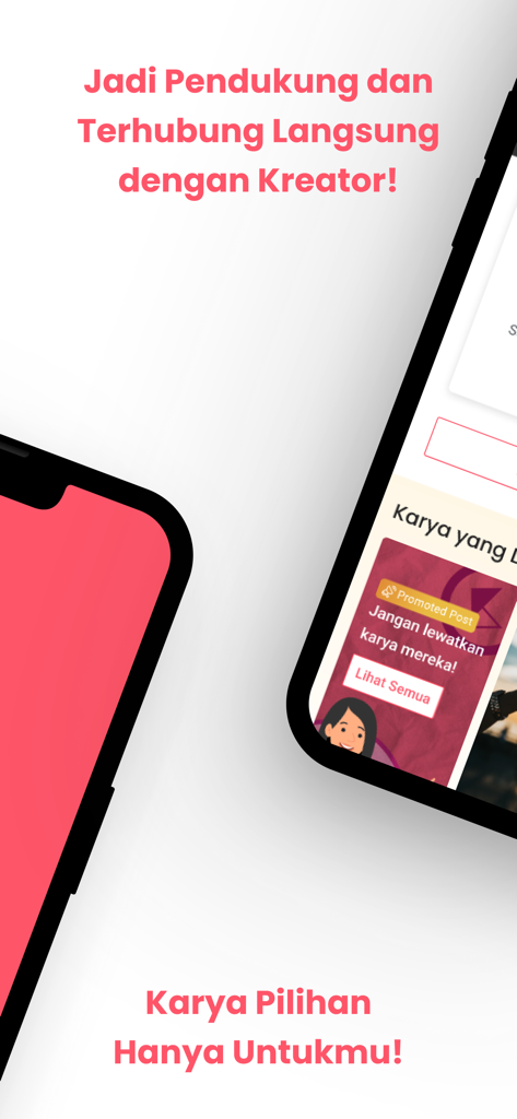 KaryaKarsa - Uno schermo di telefono cellulare che mostra l'app KaryaKarsa con un testo che invita i fan a supportare e connettersi con i creatori.