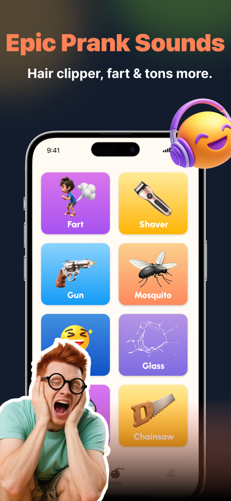 Jolly Prank: Santa & Fun Voice - A smartphone screen displaying a grid of prank sound effects like fart and shaver