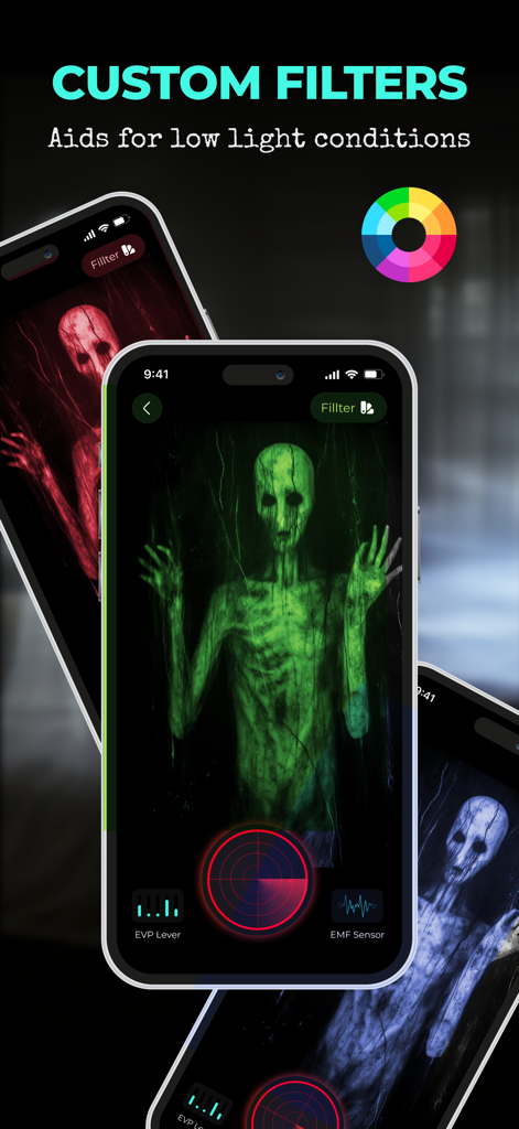 Ghost Detector - Spirit Talker - Ghost Detector app screen showing custom color filters for low light spirit hunting