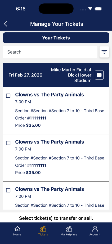 Fans First Tickets - Clowns vs The Party Animals 경기 세부 정보 및 양도 또는 판매 옵션을 보여주는 Fans First 앱의 티켓 관리 인터페이스