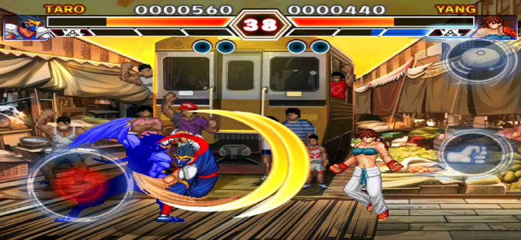 Kung Fu Do Fighting - Gameplay screenshot of Kung Fu Do Fighting showing characters Taro and Yang in a street market match with arcade style UI.