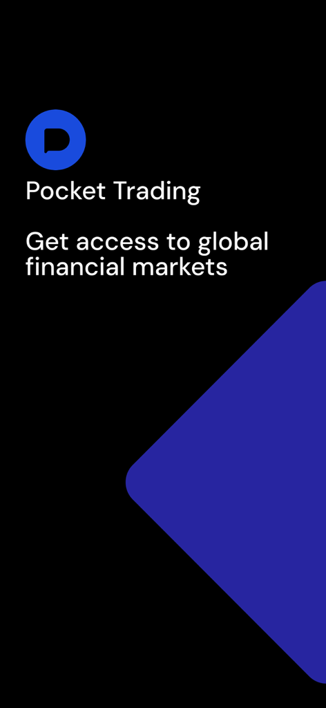 Pocket: from trader to traders - Schermata di avvio dell'app Pocket Trading con logo e testo per l'accesso ai mercati finanziari globali