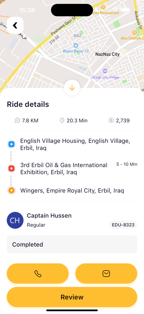 Mr Taxi app ride summary screen with trip details and driver information