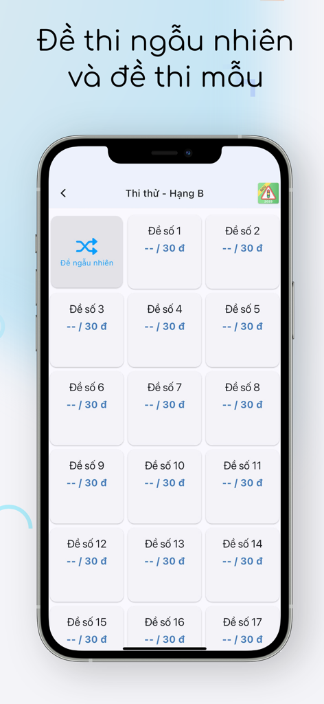 Ôn thi GPLX 2025 - Screenshot of the Vietnamese driving license app showing various practice test sets for Class B license