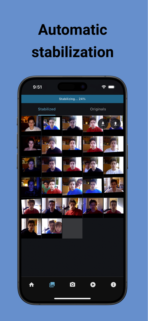 AgeLapse - AgeLapse app interface showing automatic stabilization of a photo grid for a face time-lapse