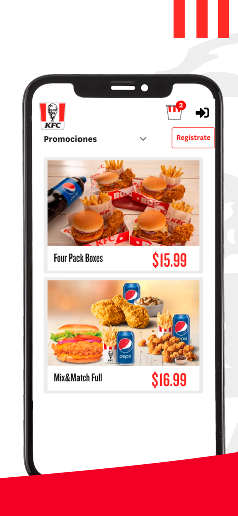 KFC El Salvador - KFC El Salvador mobile app interface showing menu promotions and food combo deals