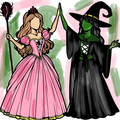 detailed realistic split of a princess and a witch