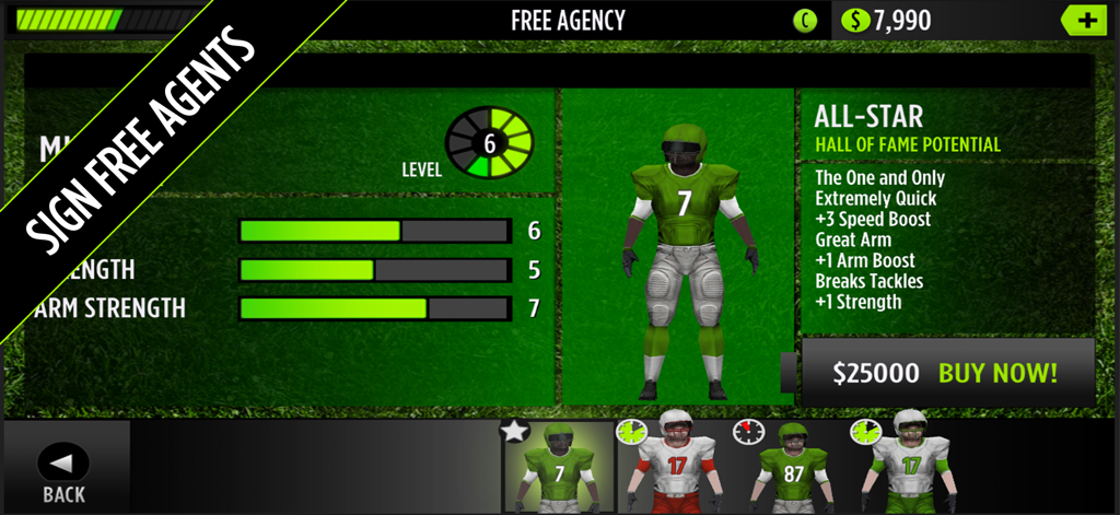 The Free Agency menu in Mike Vick GameTime Football showing an All-Star player with stats for recruitment and signing.