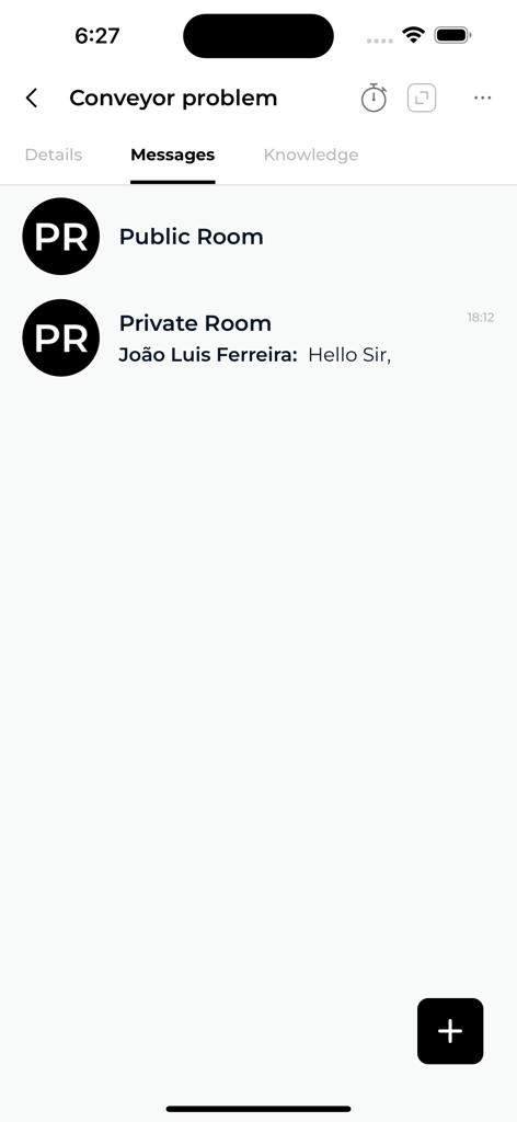 MEO Empresas Remote Assistance - Message interface of the MEO Empresas Remote Assistance app showing public and private chat rooms for a conveyor problem task.