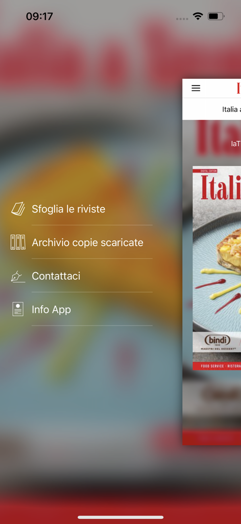 Italia a Tavola - Side menu of the Italia a Tavola app with links to digital magazines and archives