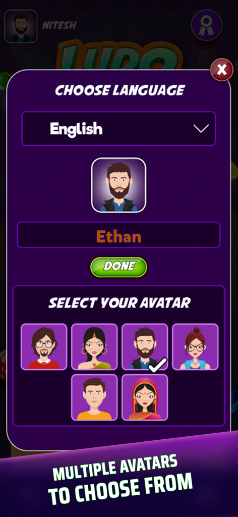 Ludo Classic Game - Ludo Classic Game screen for choosing language and selecting a player avatar