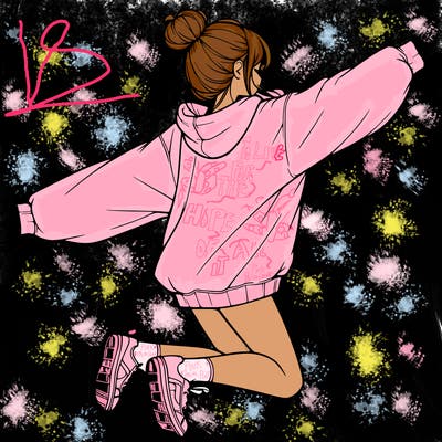 realistic girl jumping with a bun and oversized sweatshirt