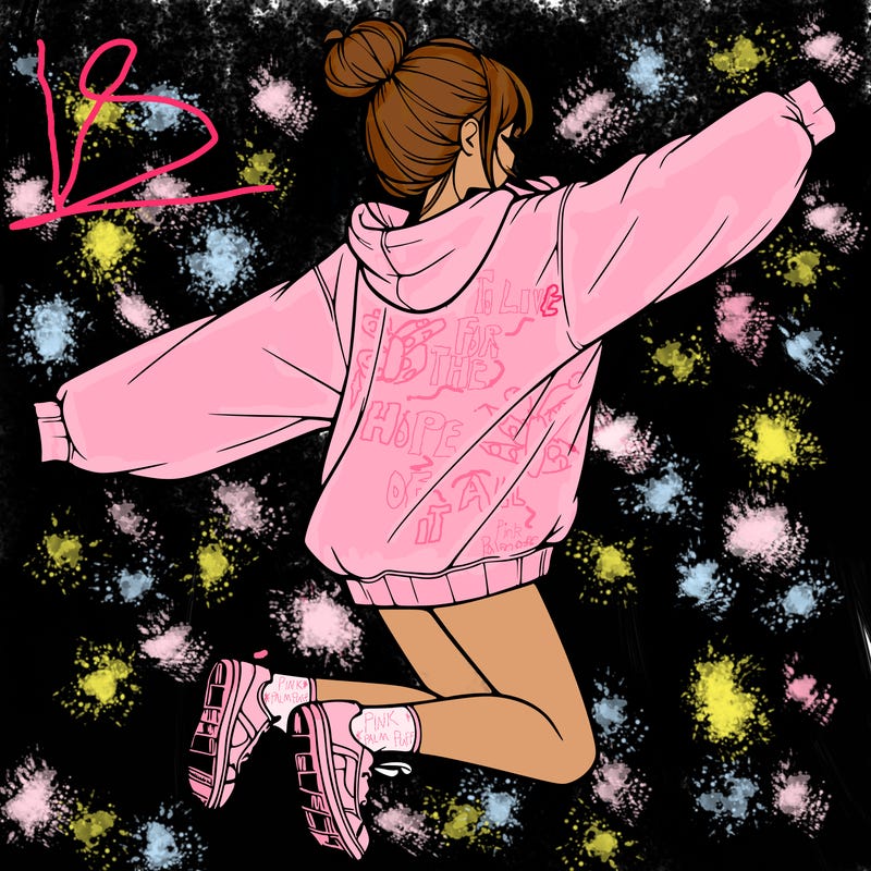 realistic girl jumping with a bun and oversized sweatshirt