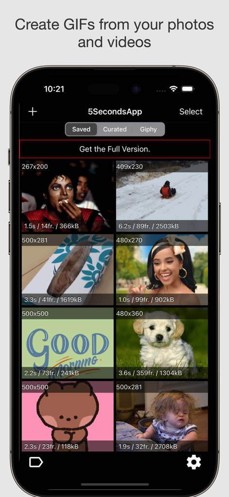 5SecondsApp - Animated GIFs - Smartphone screen displaying the GIF gallery and creation interface of 5SecondsApp