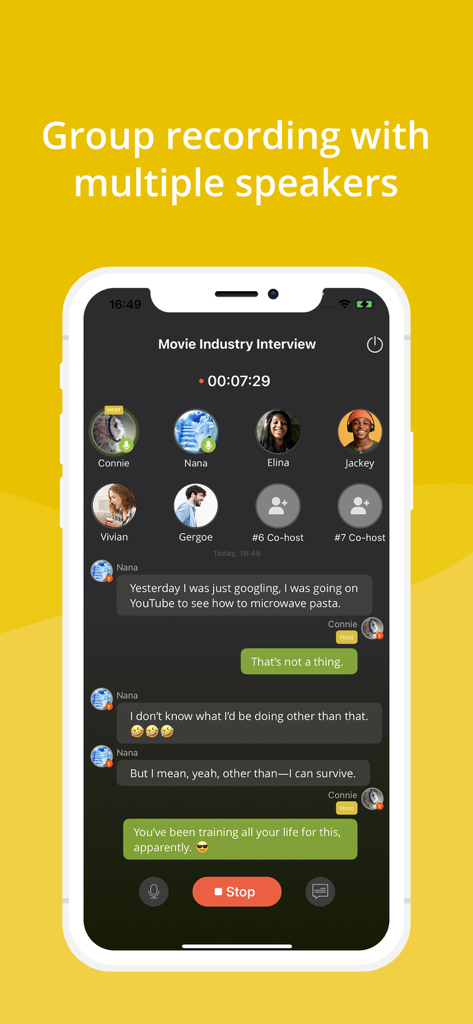 Podbean Podcast App & Player - Mobile Ansicht der Podbean App zeigt eine Gruppenaufnahmesitzung mit mehreren Teilnehmern und einer Live-Chat-Oberfläche