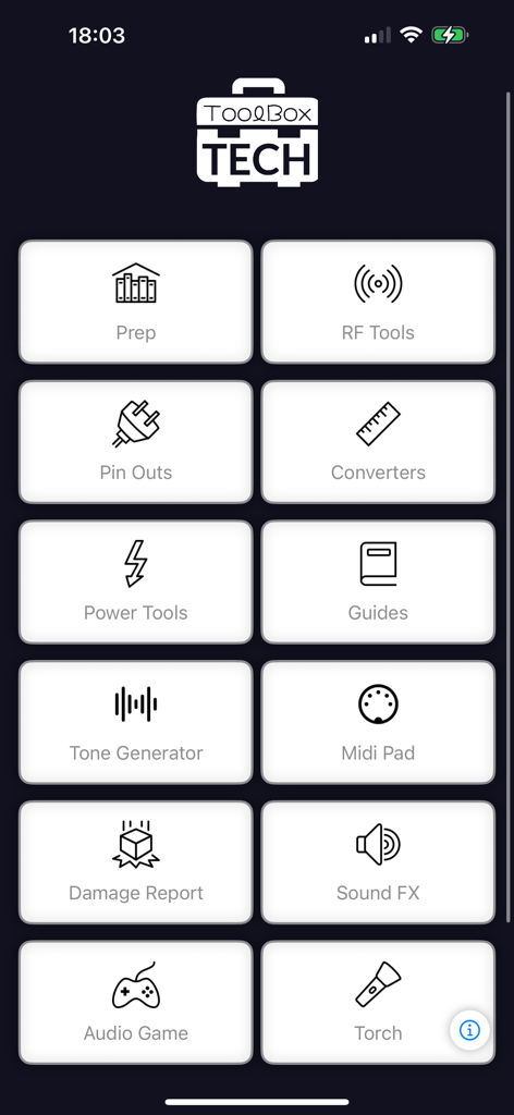 TECH ToolBox - TECH ToolBox app home screen displaying a grid of audio and technical utility tools