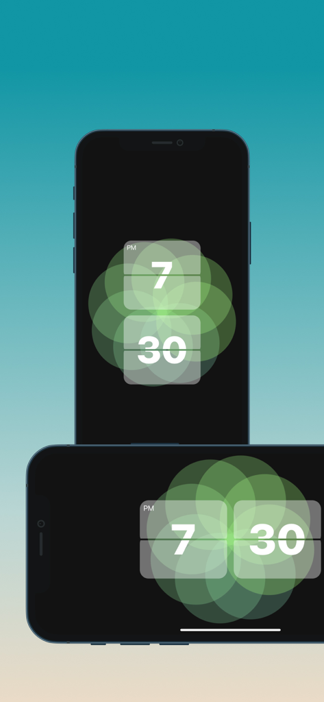 Heal Clock - Heal Clock app showing a minimalist flip clock interface with green abstract patterns on two smartphones in vertical and horizontal orientations