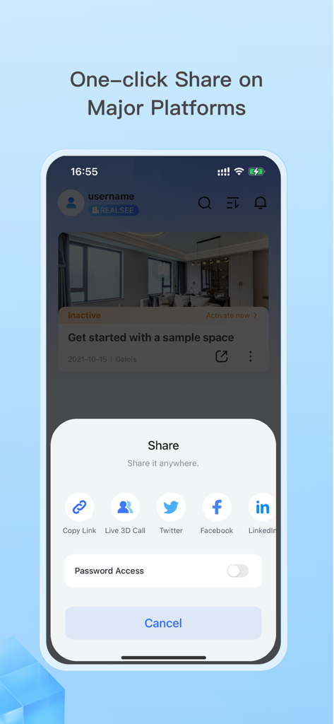 Realsee 3D virtual tour - Interfaz de la aplicación móvil que muestra opciones de compartir con un clic para un tour virtual 3D a LinkedIn, Facebook y Twitter