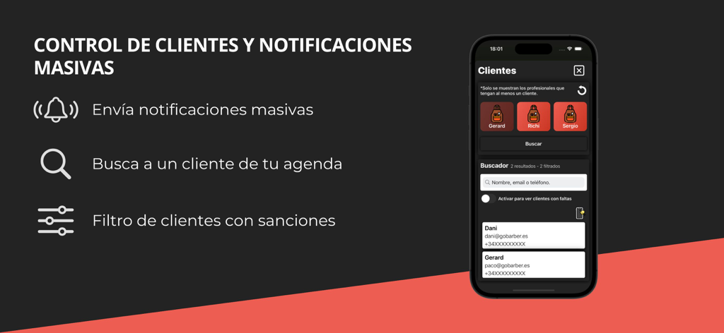 GoBarber Pro client management and mass notifications screen